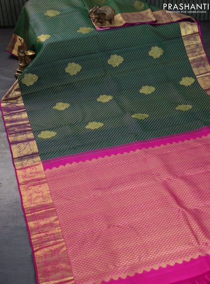 Pure kanchipuram silk saree green and pink with allover thread weaves & zari buttas and zari woven annam border