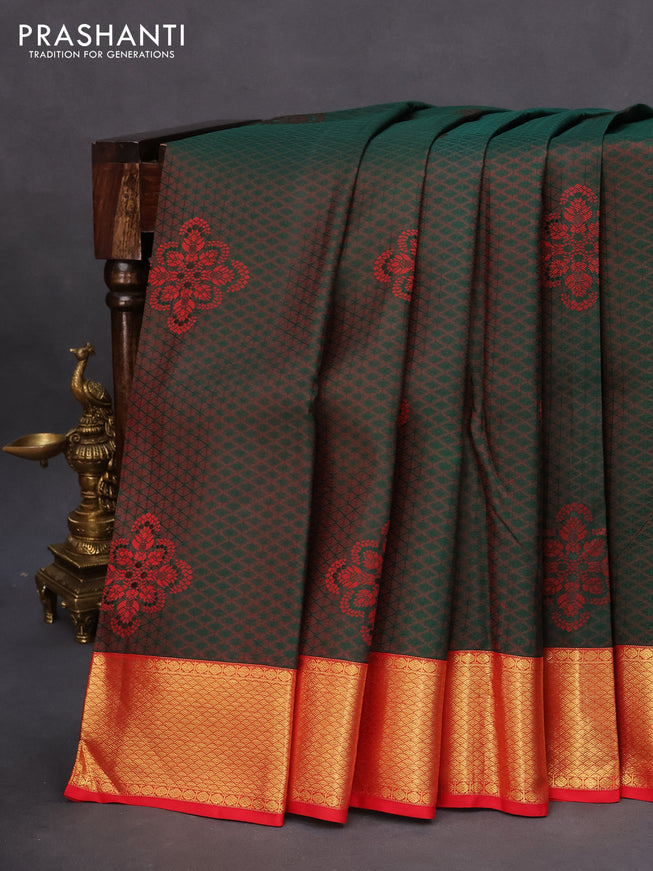 Pure kanchipuram silk saree dual shade of dark green and red with allover thread weaves & buttas and long zari woven border