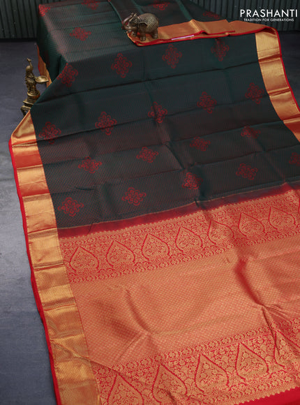 Pure kanchipuram silk saree dual shade of dark green and red with allover thread weaves & buttas and long zari woven border