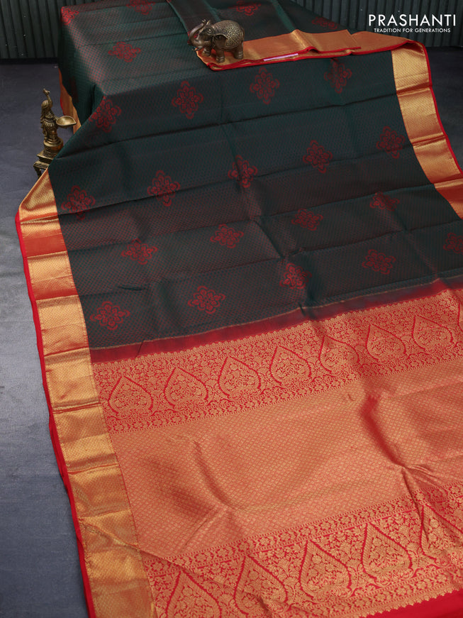 Pure kanchipuram silk saree dual shade of dark green and red with allover thread weaves & buttas and long zari woven border