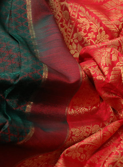 Pure kanchipuram silk saree dual shade of dark green and red with allover thread weaves & buttas and long zari woven border