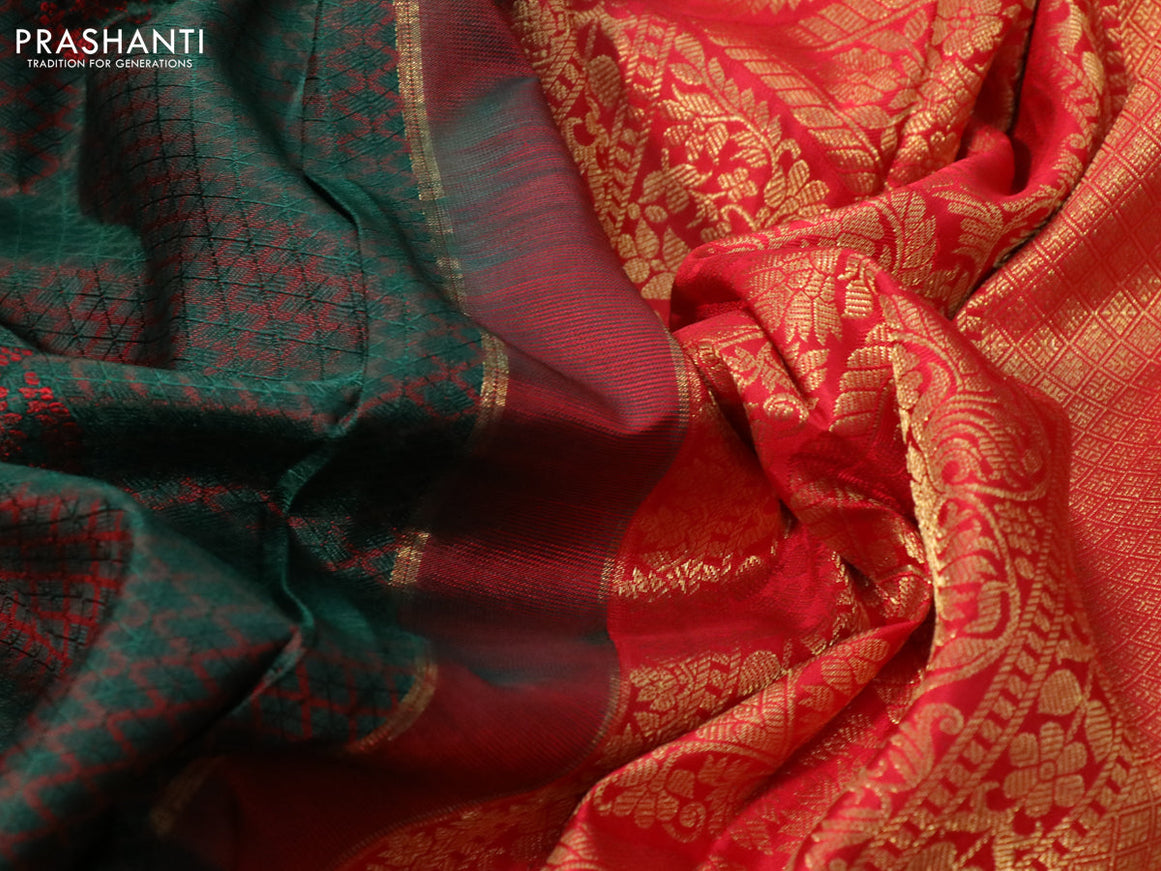 Pure kanchipuram silk saree dual shade of dark green and red with allover thread weaves & buttas and long zari woven border