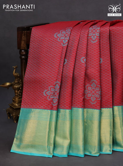 Pure kanchipuram silk saree maroon and teal blue with allover thread weaves & buttas and long zari woven border