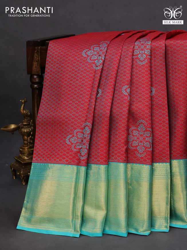 Pure kanchipuram silk saree maroon and teal blue with allover thread weaves & buttas and long zari woven border