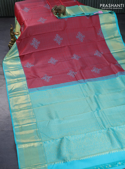 Pure kanchipuram silk saree maroon and teal blue with allover thread weaves & buttas and long zari woven border