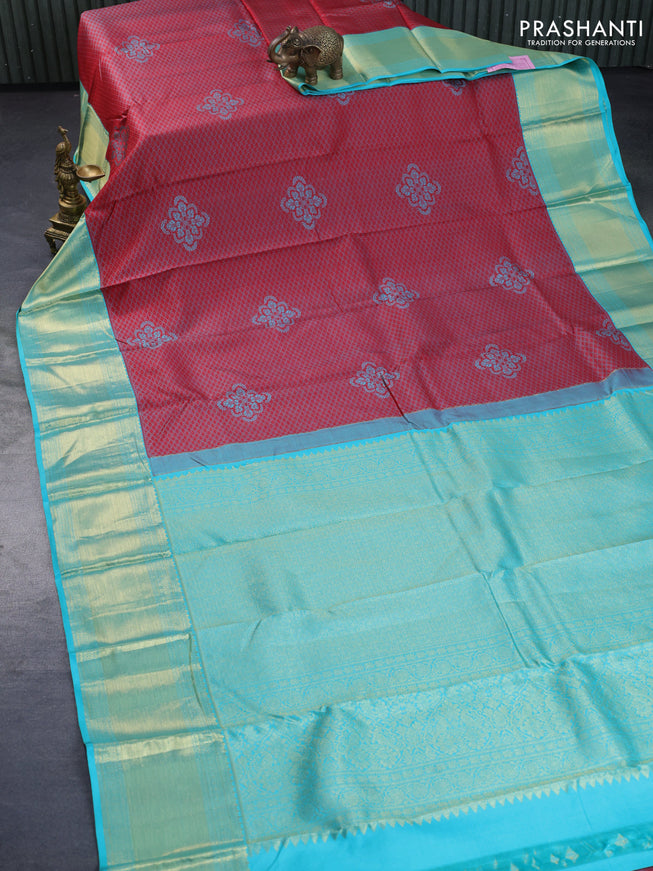 Pure kanchipuram silk saree maroon and teal blue with allover thread weaves & buttas and long zari woven border