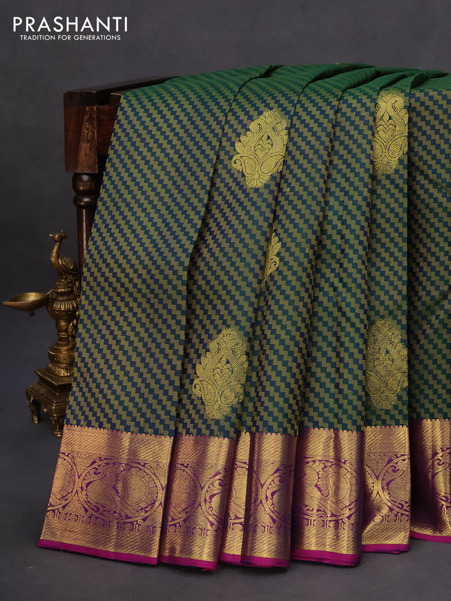 Pure kanchipuram silk saree green and magenta pink with allover thread weaves & zari buttas and zari woven annam border