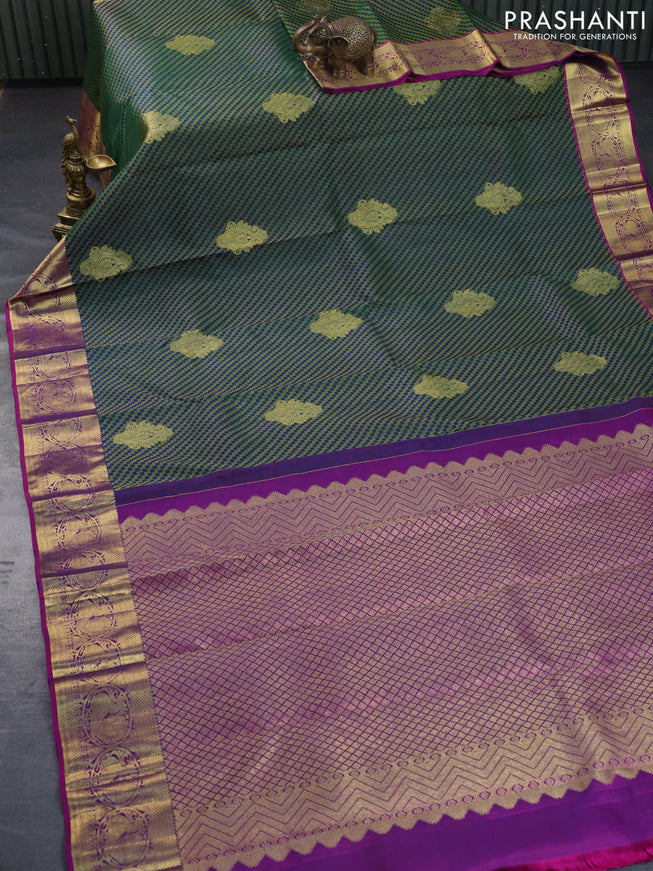 Pure kanchipuram silk saree green and magenta pink with allover thread weaves & zari buttas and zari woven annam border