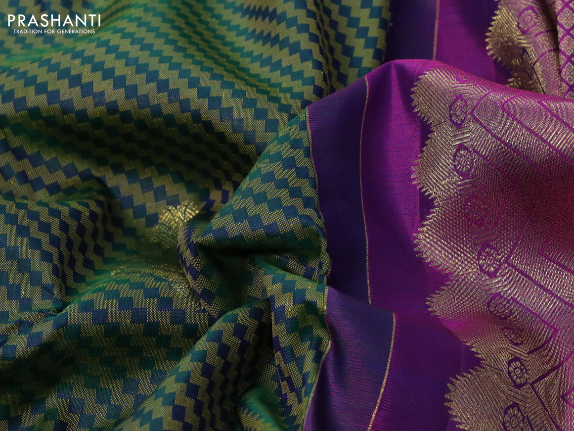 Pure kanchipuram silk saree green and magenta pink with allover thread weaves & zari buttas and zari woven annam border