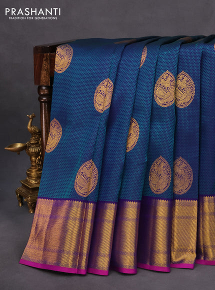 Pure kanchipuram silk saree blue and teal greeen shade with allover self emboss & zari buttas and zari woven border