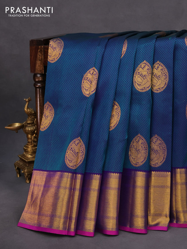 Pure kanchipuram silk saree blue and teal greeen shade with allover self emboss & zari buttas and zari woven border