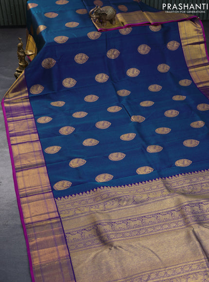 Pure kanchipuram silk saree blue and teal greeen shade with allover self emboss & zari buttas and zari woven border