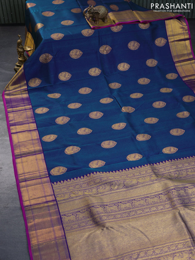 Pure kanchipuram silk saree blue and teal greeen shade with allover self emboss & zari buttas and zari woven border