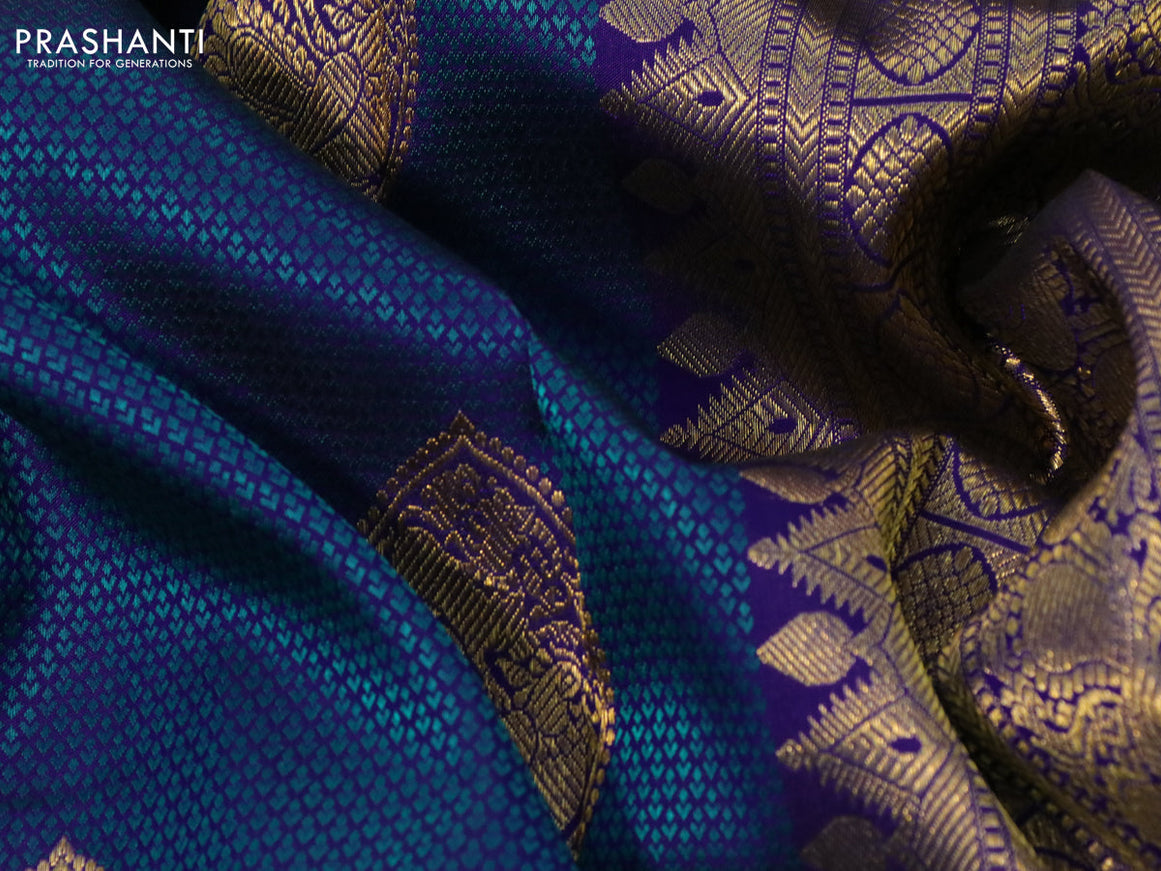 Pure kanchipuram silk saree blue and teal greeen shade with allover self emboss & zari buttas and zari woven border