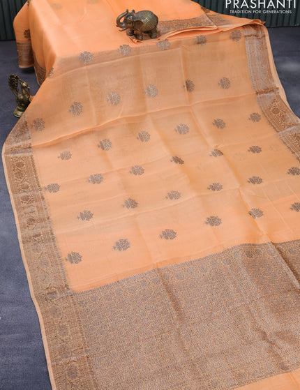 Banarasi organza silk saree pale orange with thread & zari woven buttas and banarasi style border