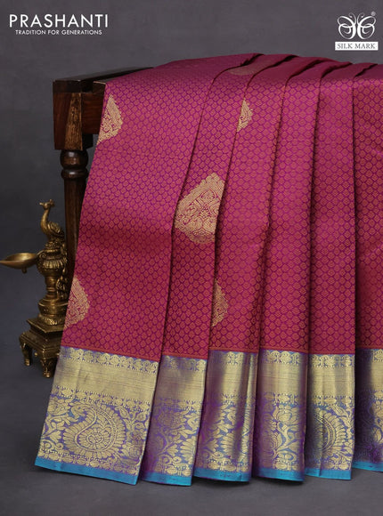 Pure kanchipuram silk saree purple and teal blue with allover thread weaves & zari buttas and zari woven border