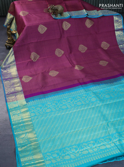 Pure kanchipuram silk saree purple and teal blue with allover thread weaves & zari buttas and zari woven border