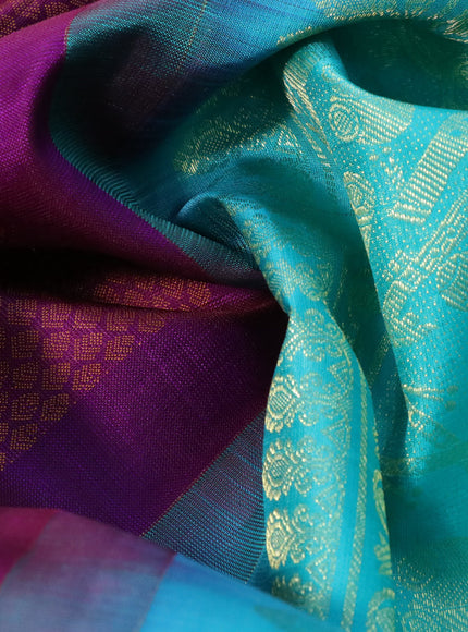 Pure kanchipuram silk saree purple and teal blue with allover thread weaves & zari buttas and zari woven border