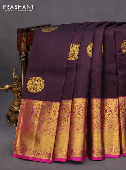 Pure kanchipuram silk saree deep jamun shade and purple with allover self emboss & zari buttas and long annam zari woven border