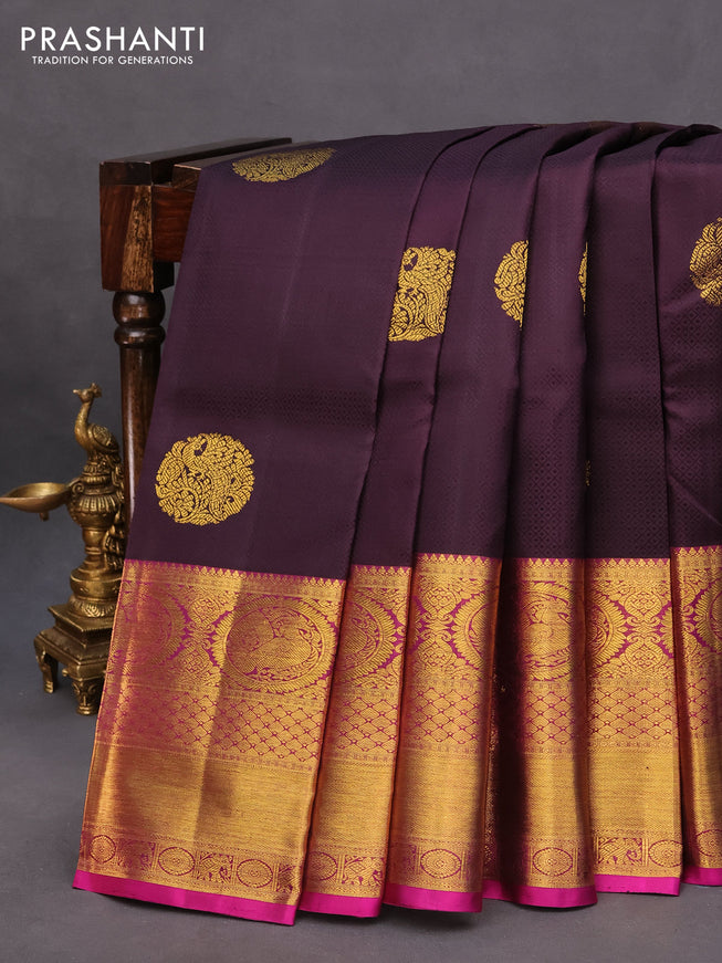 Pure kanchipuram silk saree deep jamun shade and purple with allover self emboss & zari buttas and long annam zari woven border