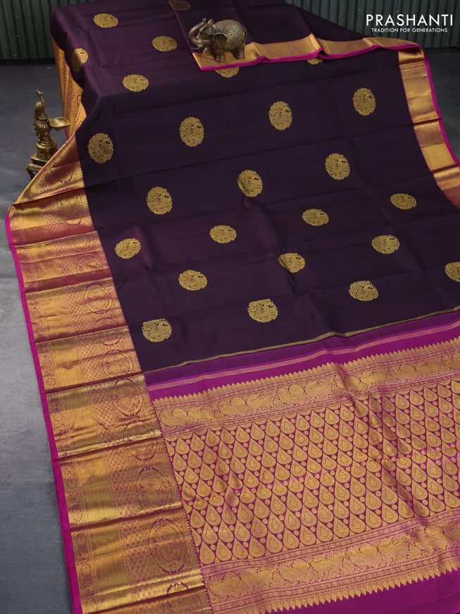 Pure kanchipuram silk saree deep jamun shade and purple with allover self emboss & zari buttas and long annam zari woven border