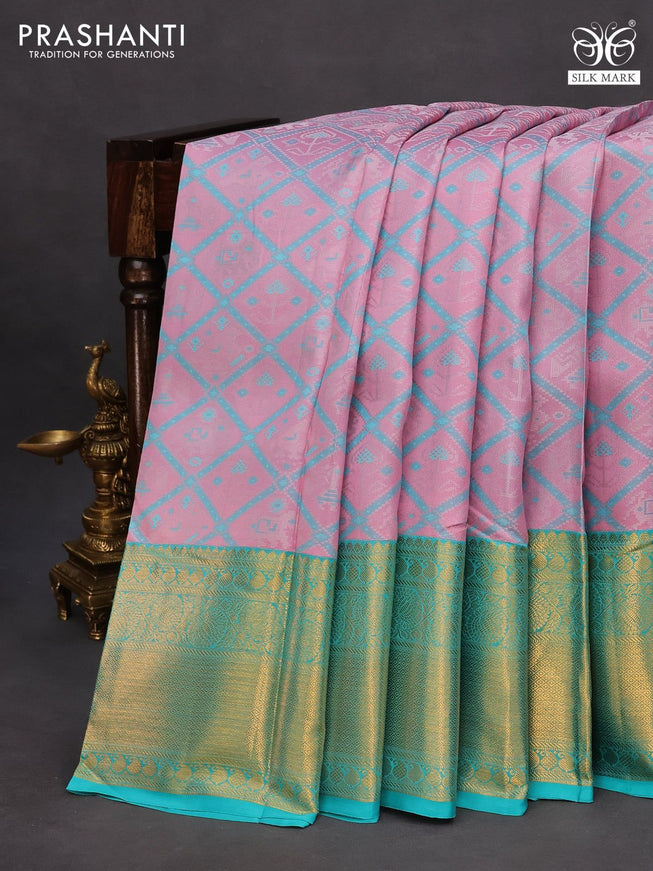 Pure kanchipuram silk saree mauve pink and teal green shade with allover patola weaves and long zari woven border