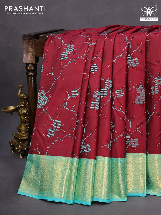 Pure kanchipuram silk saree maroon and teal blue with allover floral thread weaves and zari woven border