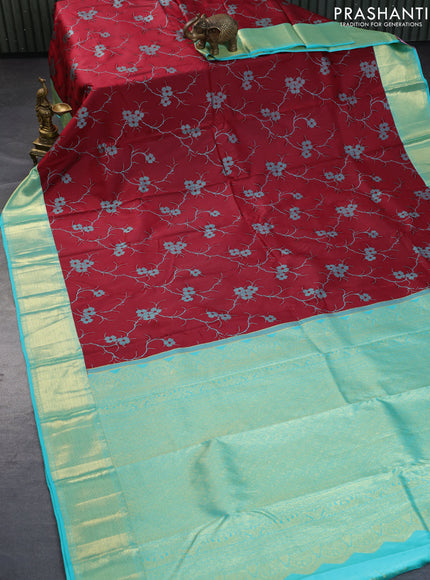 Pure kanchipuram silk saree maroon and teal blue with allover floral thread weaves and zari woven border