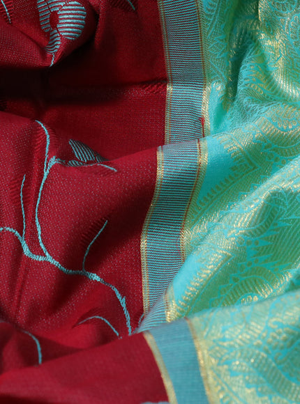 Pure kanchipuram silk saree maroon and teal blue with allover floral thread weaves and zari woven border