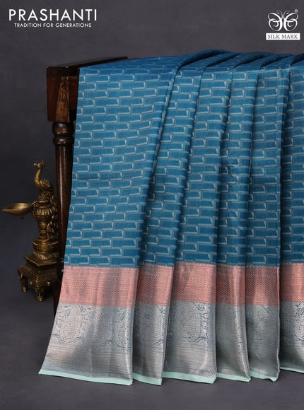 Pure kanchipuram silk saree peacock green and teal shade with allover self emboss and copper & silver zari woven border