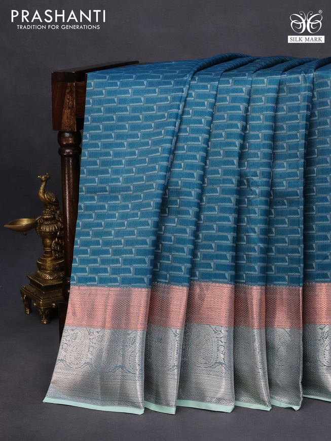 Pure kanchipuram silk saree peacock green and teal shade with allover self emboss and copper & silver zari woven border