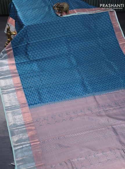 Pure kanchipuram silk saree peacock green and teal shade with allover self emboss and copper & silver zari woven border