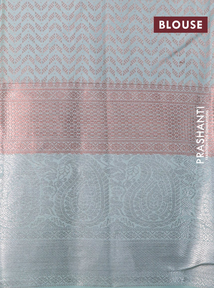 Pure kanchipuram silk saree peacock green and teal shade with allover self emboss and copper & silver zari woven border