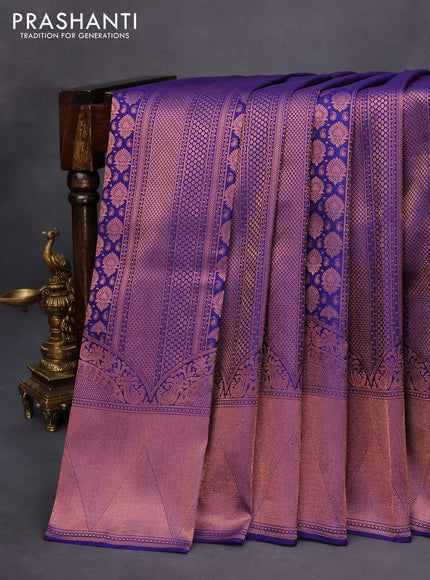 Pure kanchipuram silk saree blue with allover copper zari woven brocade weaves and copper zari woven border