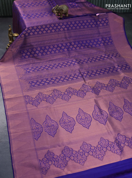 Pure kanchipuram silk saree blue with allover copper zari woven brocade weaves and copper zari woven border