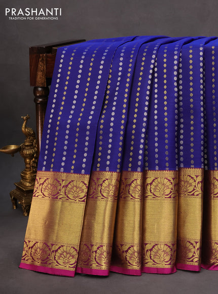 Pure kanchipuram silk saree blue and purple with allover silver & gold zari woven buttas and long rich zari woven border