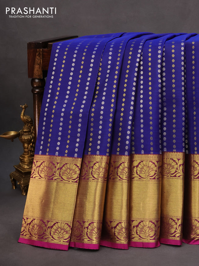 Pure kanchipuram silk saree blue and purple with allover silver & gold zari woven buttas and long rich zari woven border