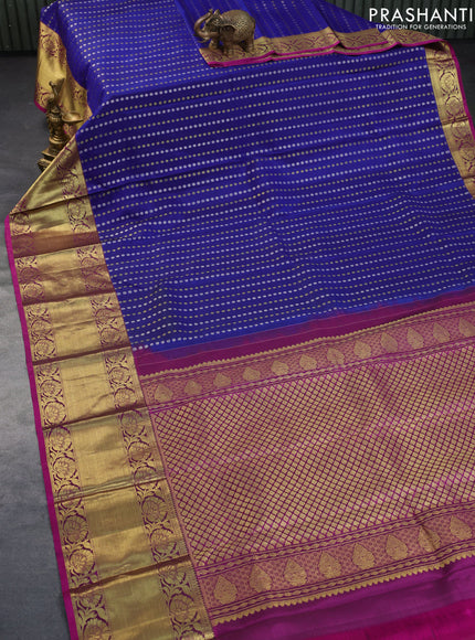 Pure kanchipuram silk saree blue and purple with allover silver & gold zari woven buttas and long rich zari woven border