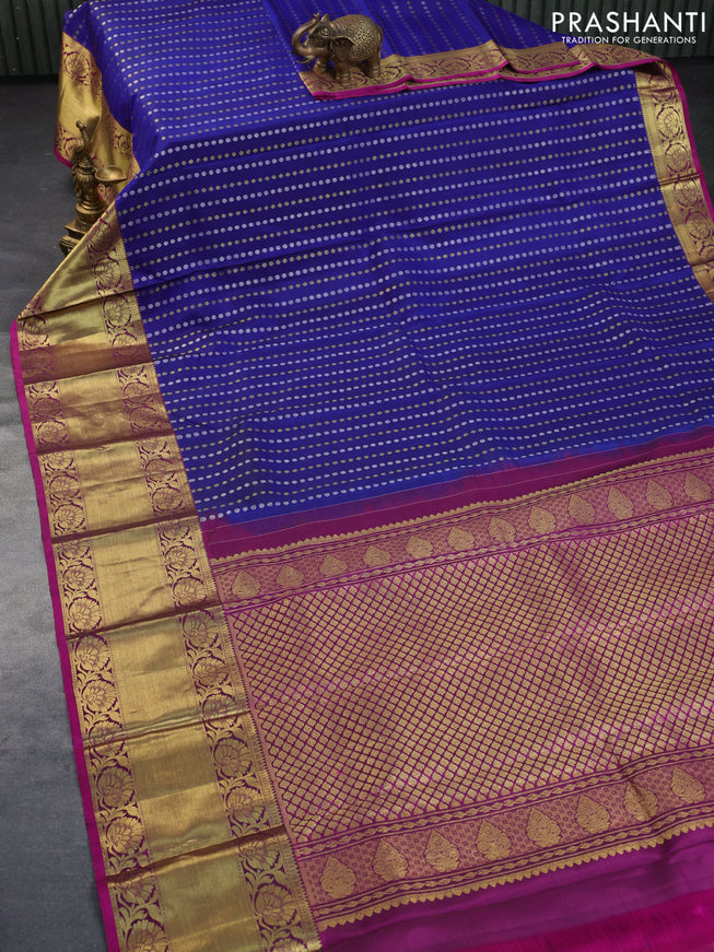 Pure kanchipuram silk saree blue and purple with allover silver & gold zari woven buttas and long rich zari woven border