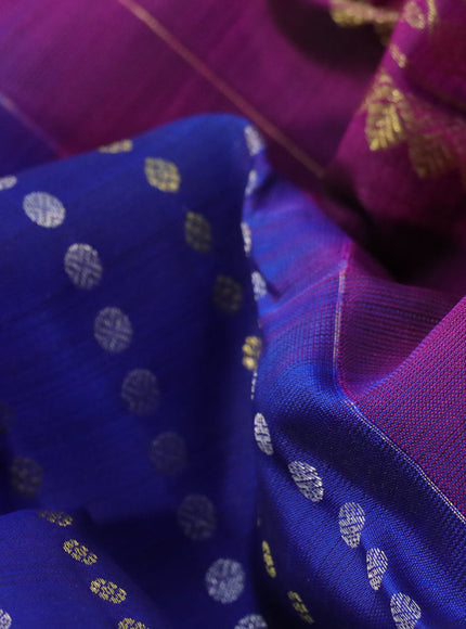 Pure kanchipuram silk saree blue and purple with allover silver & gold zari woven buttas and long rich zari woven border