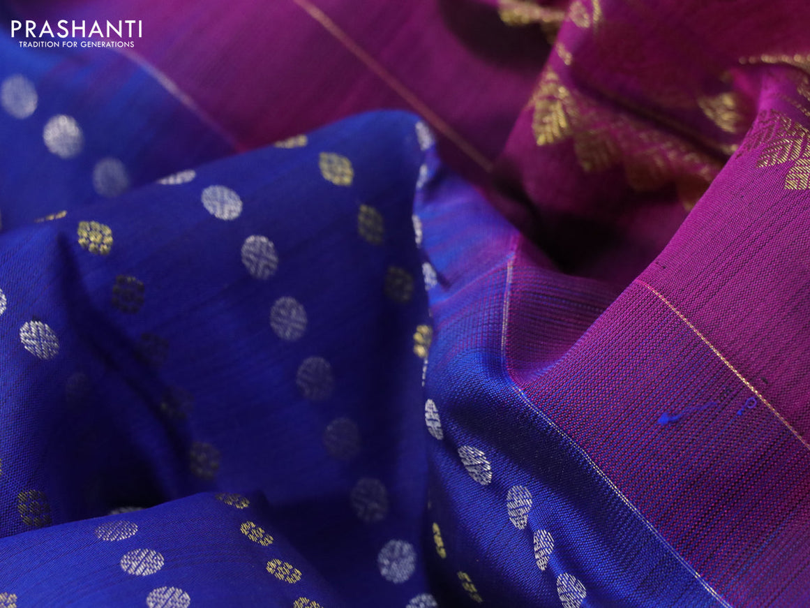 Pure kanchipuram silk saree blue and purple with allover silver & gold zari woven buttas and long rich zari woven border