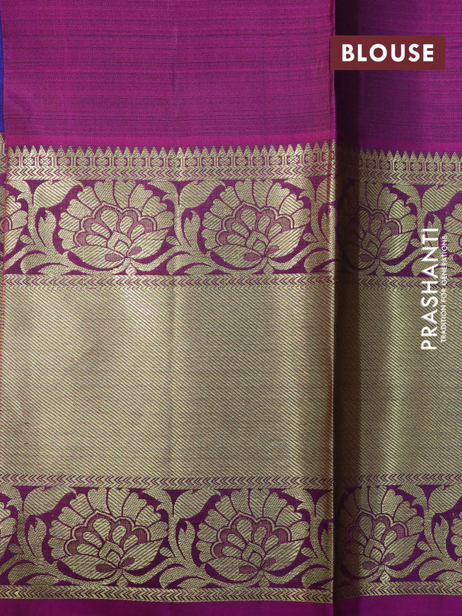 Pure kanchipuram silk saree blue and purple with allover silver & gold zari woven buttas and long rich zari woven border