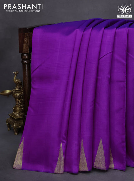 Pure kanchipuram silk saree purple and blue with plain body and temple design zari woven simple border