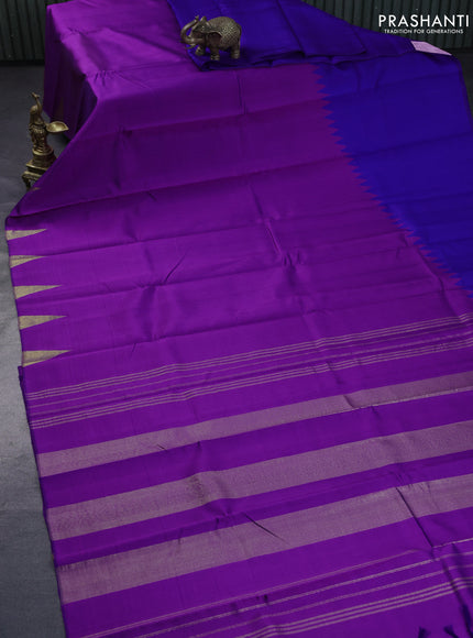 Pure kanchipuram silk saree purple and blue with plain body and temple design zari woven simple border