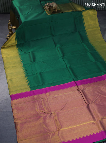 Pure kanchipuram silk saree green and purple with plain body and temple design zari woven simple border