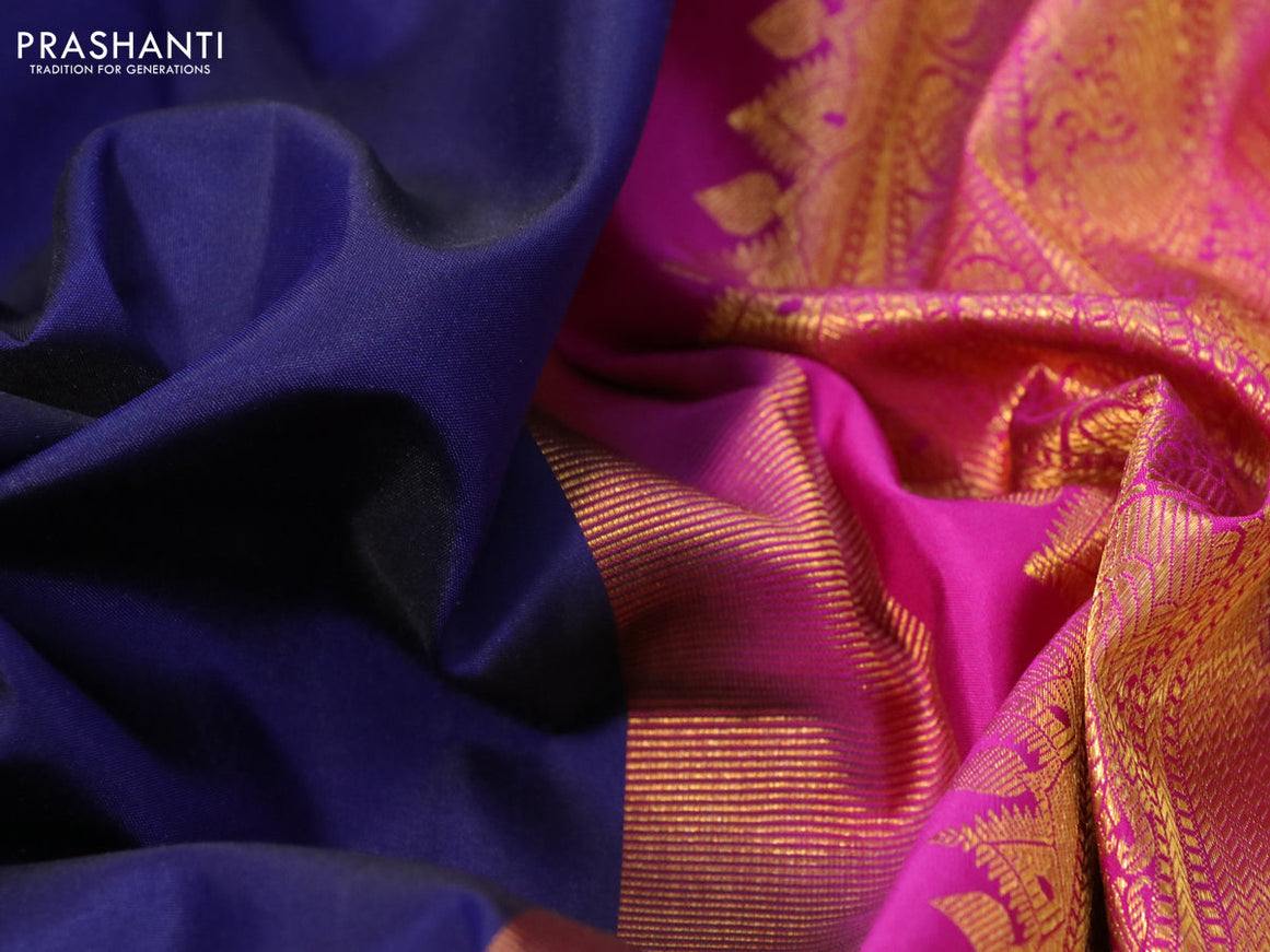 Pure kanchipuram silk saree blue and pink with plain body and zari woven border