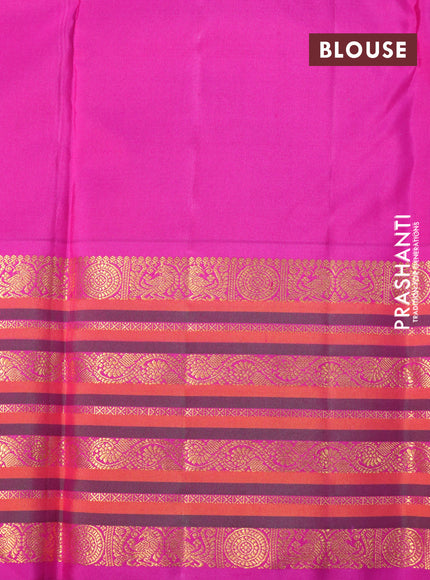 Pure kanchipuram silk saree blue and pink with plain body and zari woven border