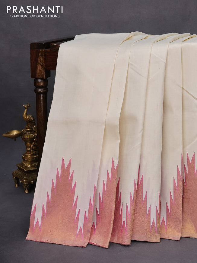 Pure kanchipuram silk saree cream and dual shade pink with plain body and temple design zari woven border