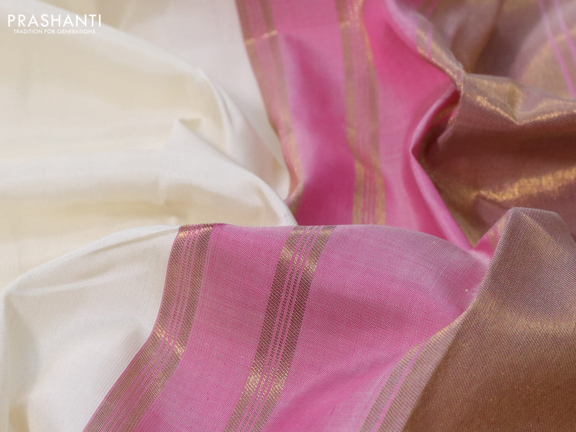 Pure kanchipuram silk saree cream and dual shade pink with plain body and temple design zari woven border