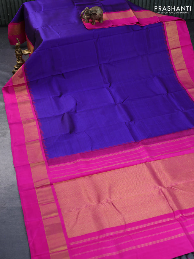 Pure kanchipuram silk saree blue and pink with plain body and temple design zari woven simple border